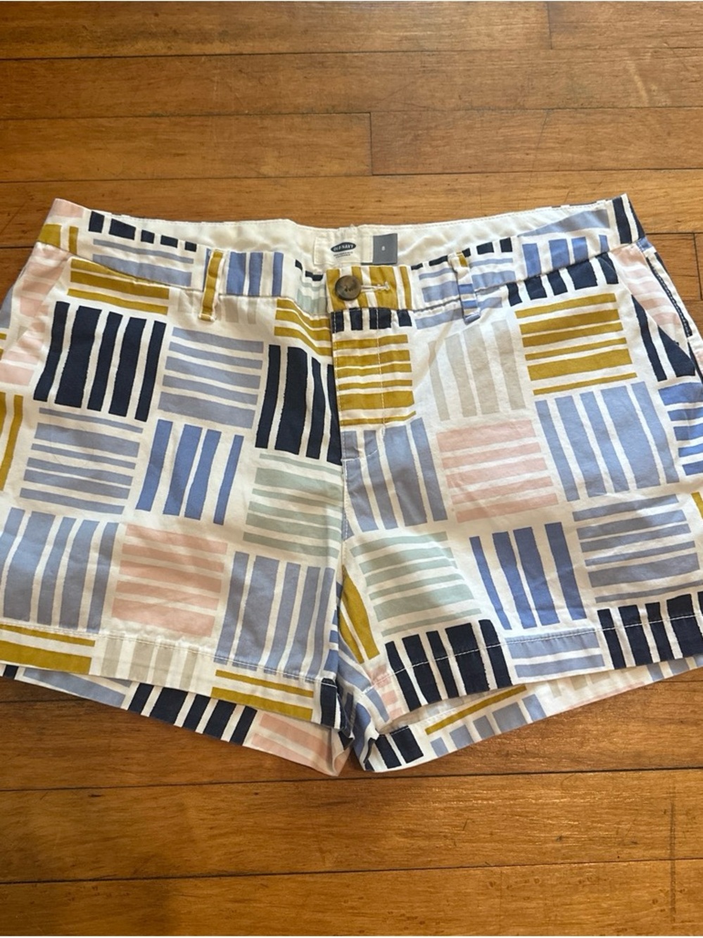 Old Navy Geometric Block Print Cotton Shorts in Navy, Mustard, Pink, Sky Blue